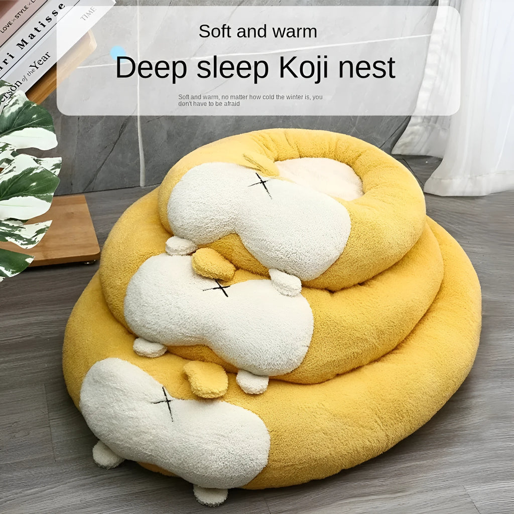 Corgi shaped soft plush pet bed for dogs and cats with PP cotton filling on a floor