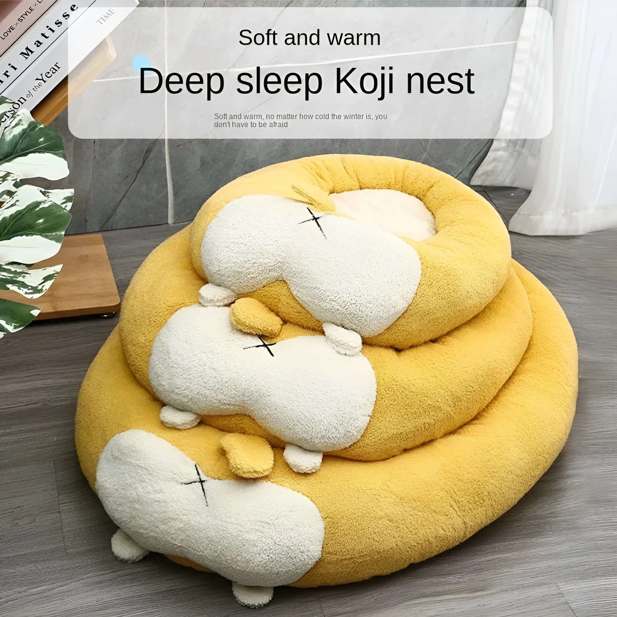Corgi shaped soft plush pet bed for dogs and cats with PP cotton filling on a floor