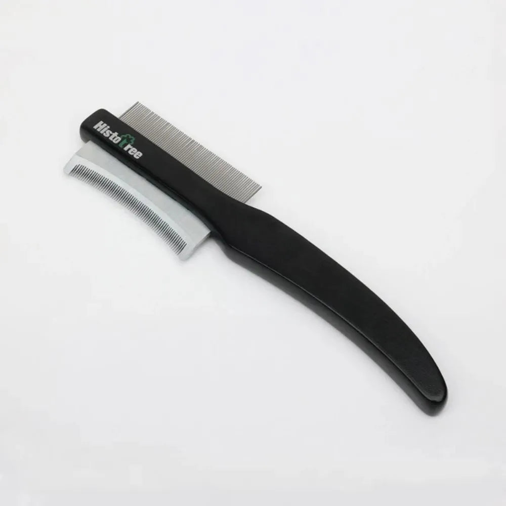 Black double-sided pet hair comb with stainless steel teeth and wood handle on white background