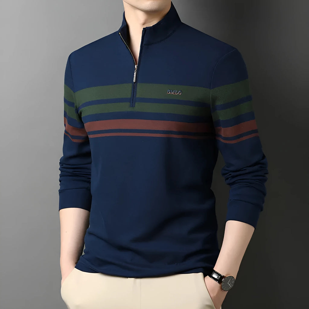 Men's cotton stand collar long sleeve T-shirt in green, front view, size 48 to 56