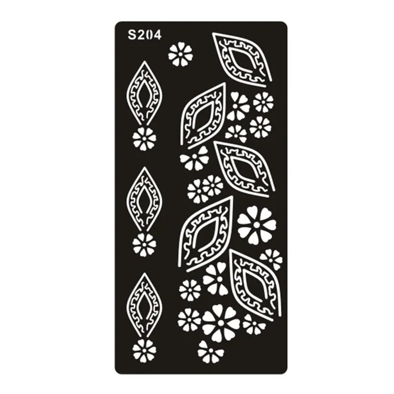 Creative semi-permanent hollow tattoo template sticker with water transfer paper in geometric Southeast Asian style, available in multiple colour options.