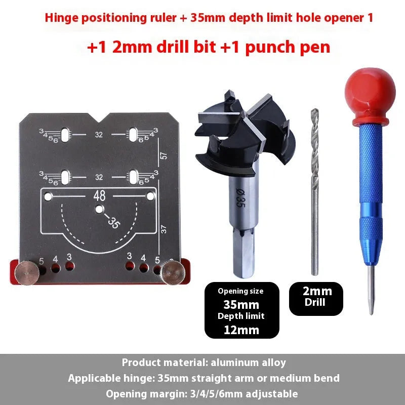 Red aluminium alloy hinge punch locator tool for 35mm cabinet door hinges on a workbench.
