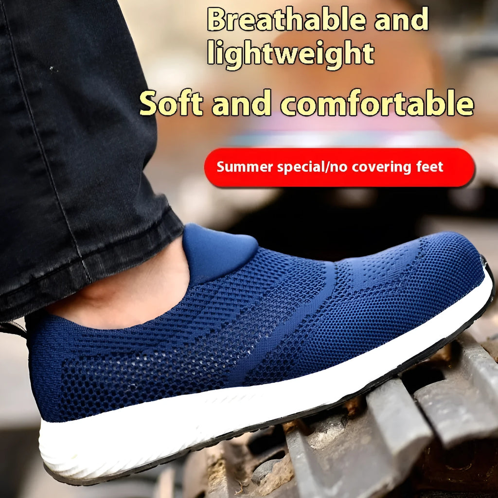 Men's lightweight anti-smash steel toe work shoes in black with breathable mesh upper