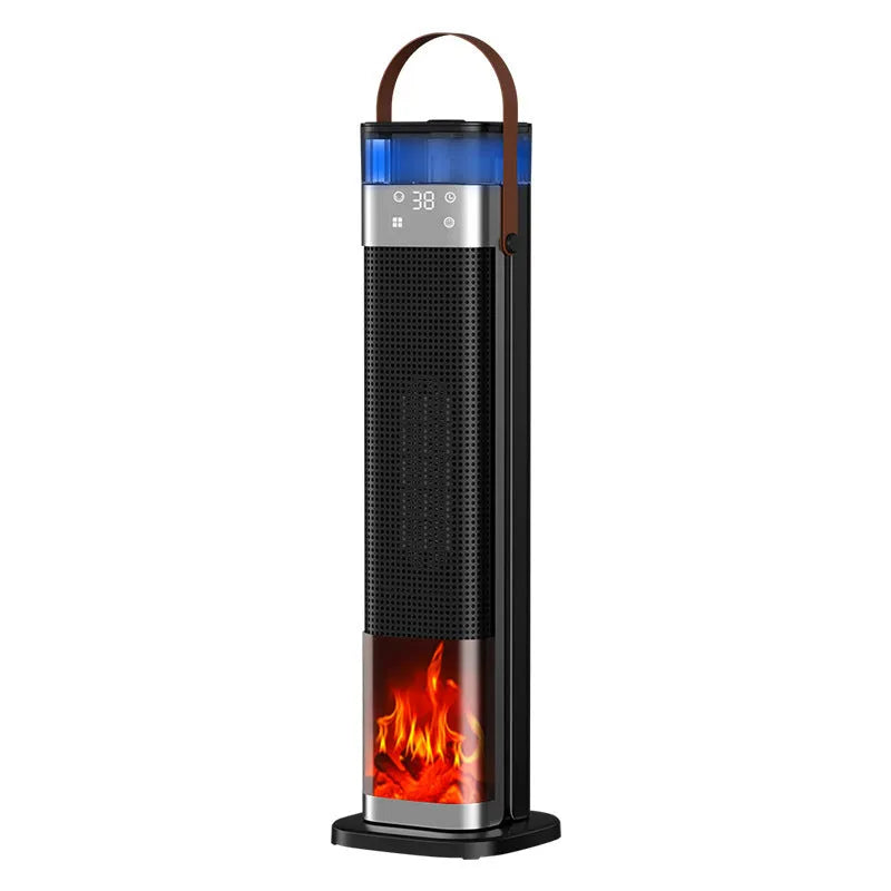 Vertical column heater with humidifier and voice control remote, dimensions 16cm by 16cm by 52.6cm.