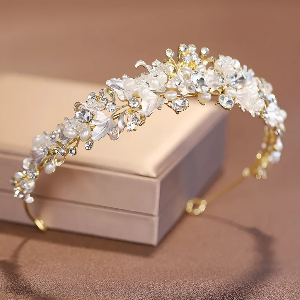 Pearl crown headdress hair accessory in gold or silver electroplated alloy