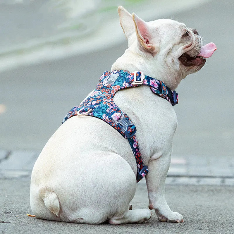 Pure cotton pet chest harness with floral pattern and pull-resistant strap for dog walking