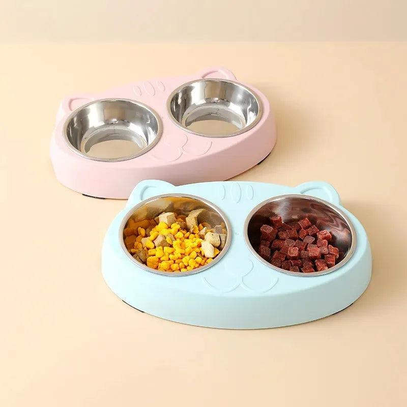 Blue plastic pet feeding tray with two built-in bowls for cat or dog food and water.