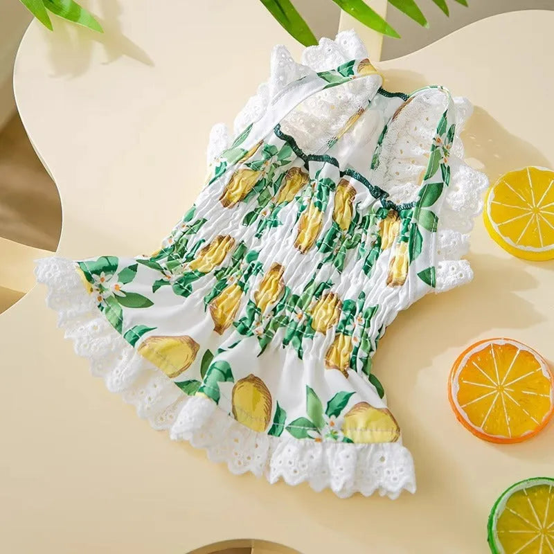 Rock yellow lemon dog strap skirt with princess style polyester fabric on small dog