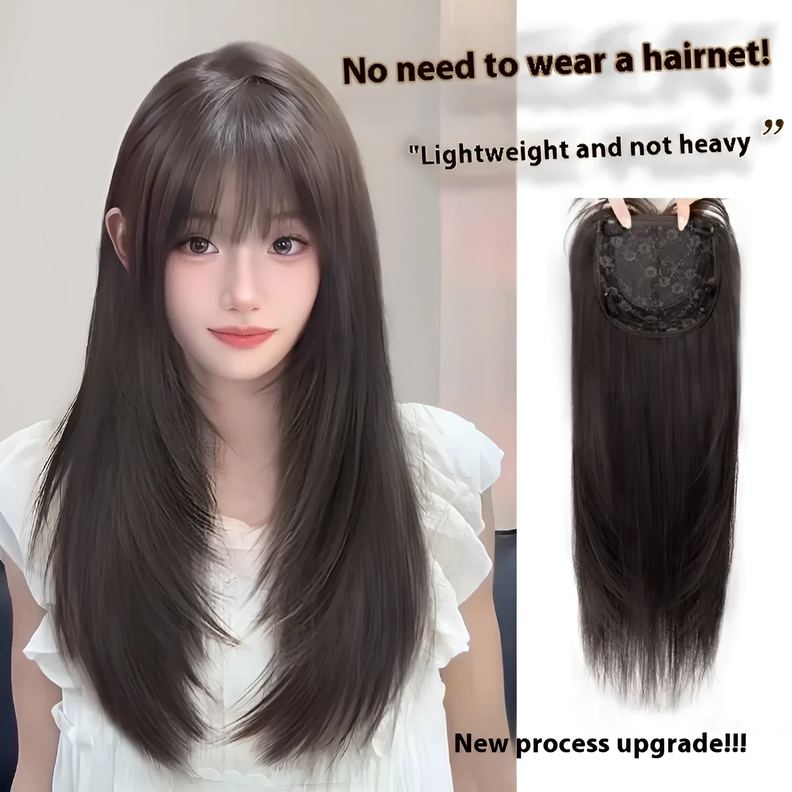 Women's full-head wig black long straight high layered with wear-free hair net