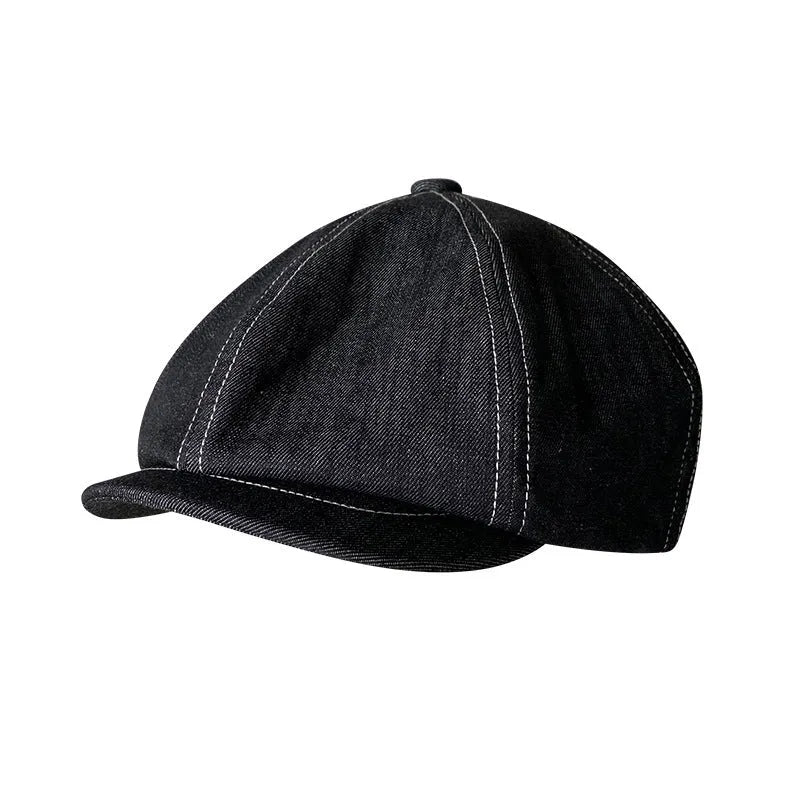 Black octagonal beret hat made from Japanese Denim cotton fabric, shown on a head model.