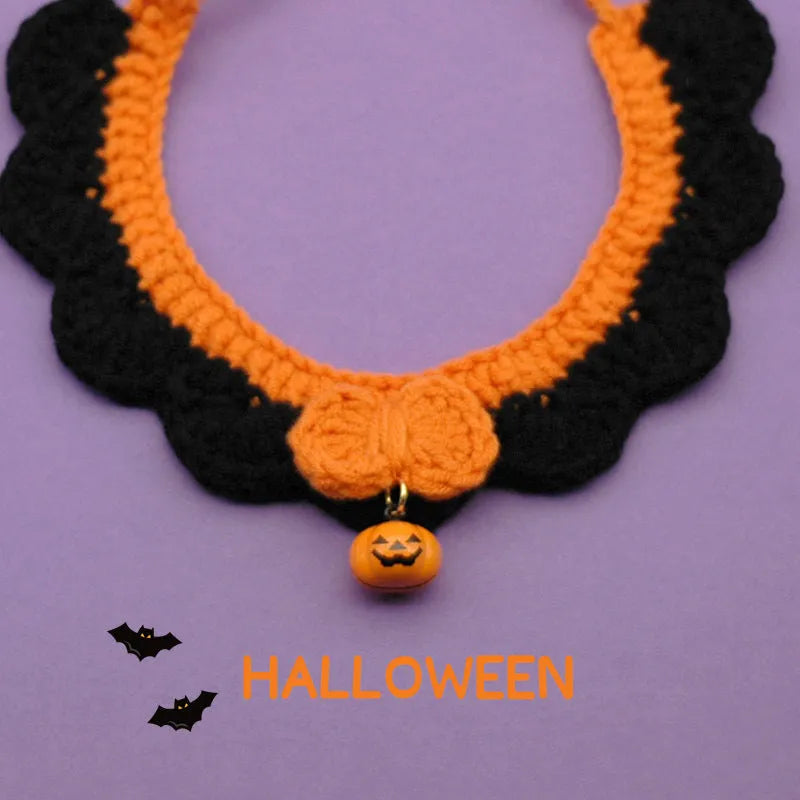 Hand crocheted wool pet collar in Bell Pumpkin style on a cat, adjustable size, Halloween accessory
