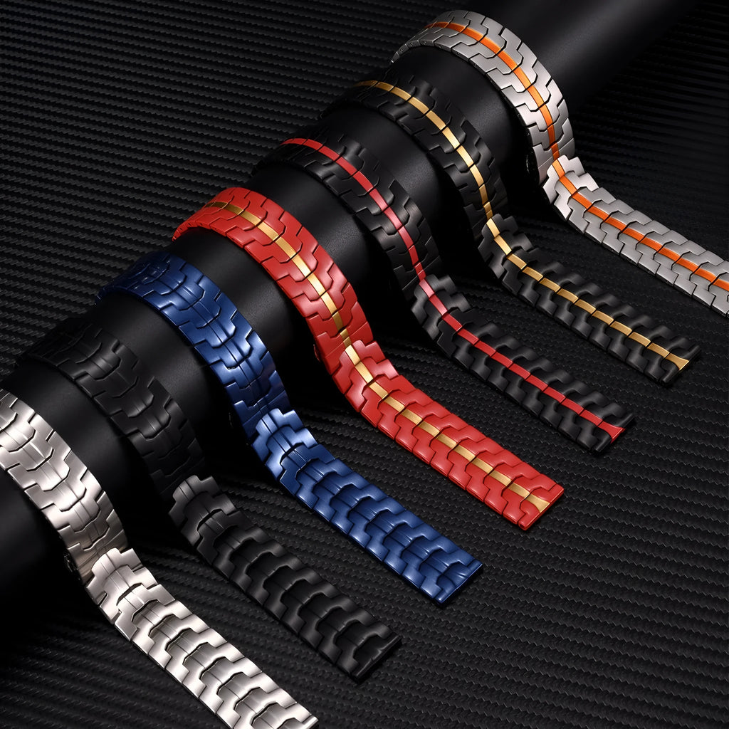 Stainless steel replacement watch band for Samsung Galaxy Watch in silver, shown next to 20mm and 22mm size options.