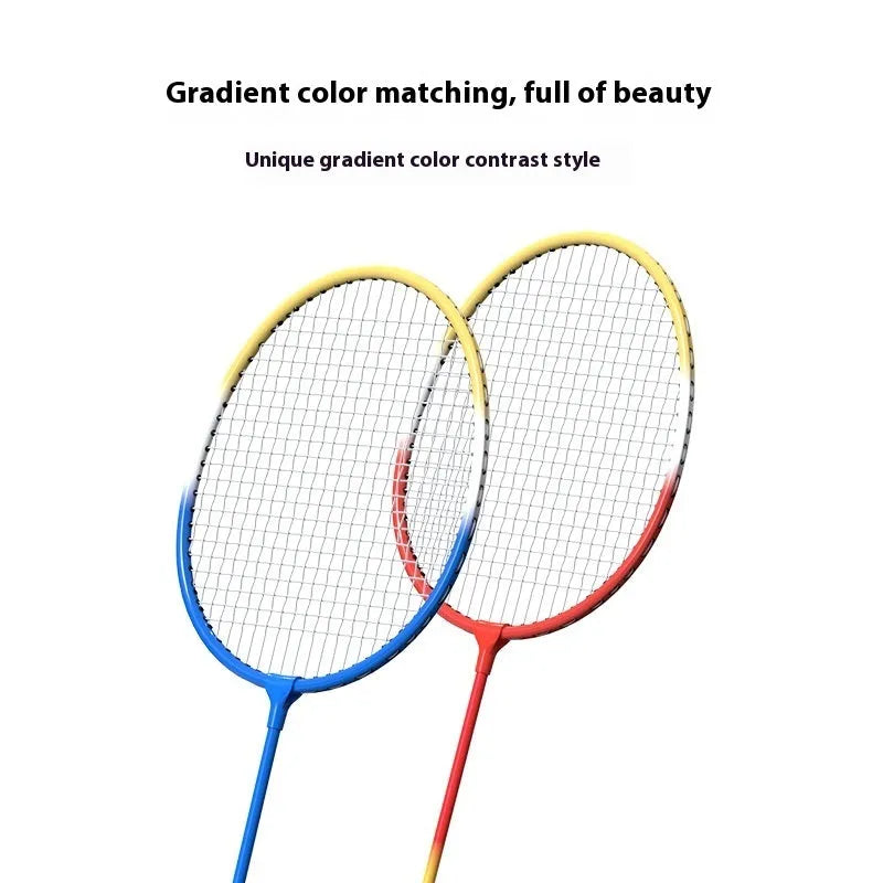 Pair of blue and red ultra-light alloy badminton rackets on a court
