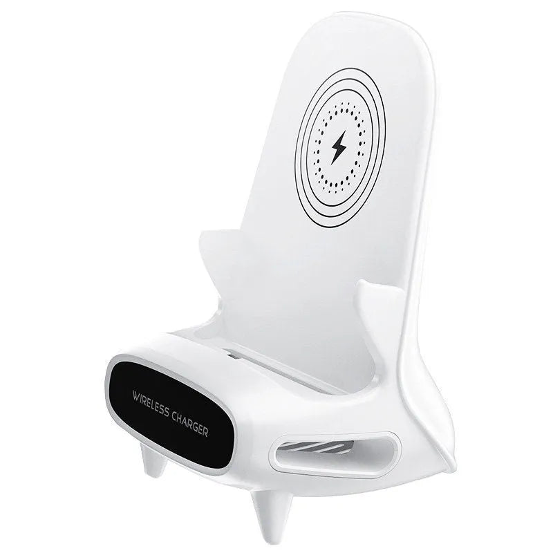 White ABS wireless charger stand with Type-C input, measuring 96.3x88.2x139.3 mm, 154.2g