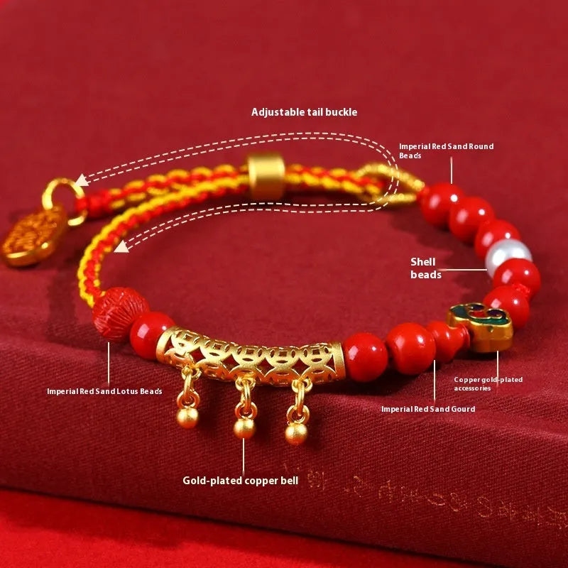 Hand-woven cinnabar red rope bell bracelet with round geometry style, women's national design