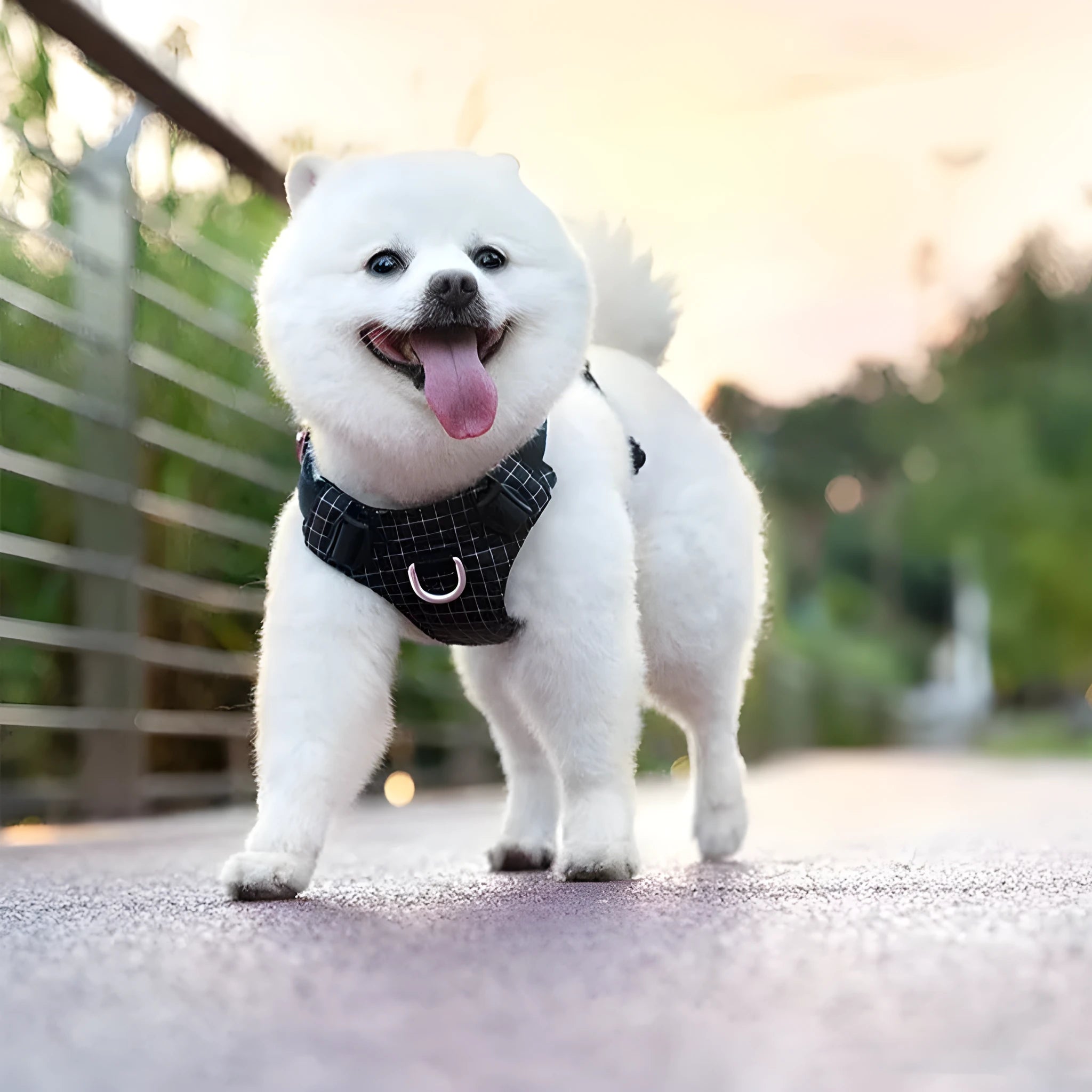 Light purple dog harness with LED light and a handle on the back, shown on a medium-sized dog