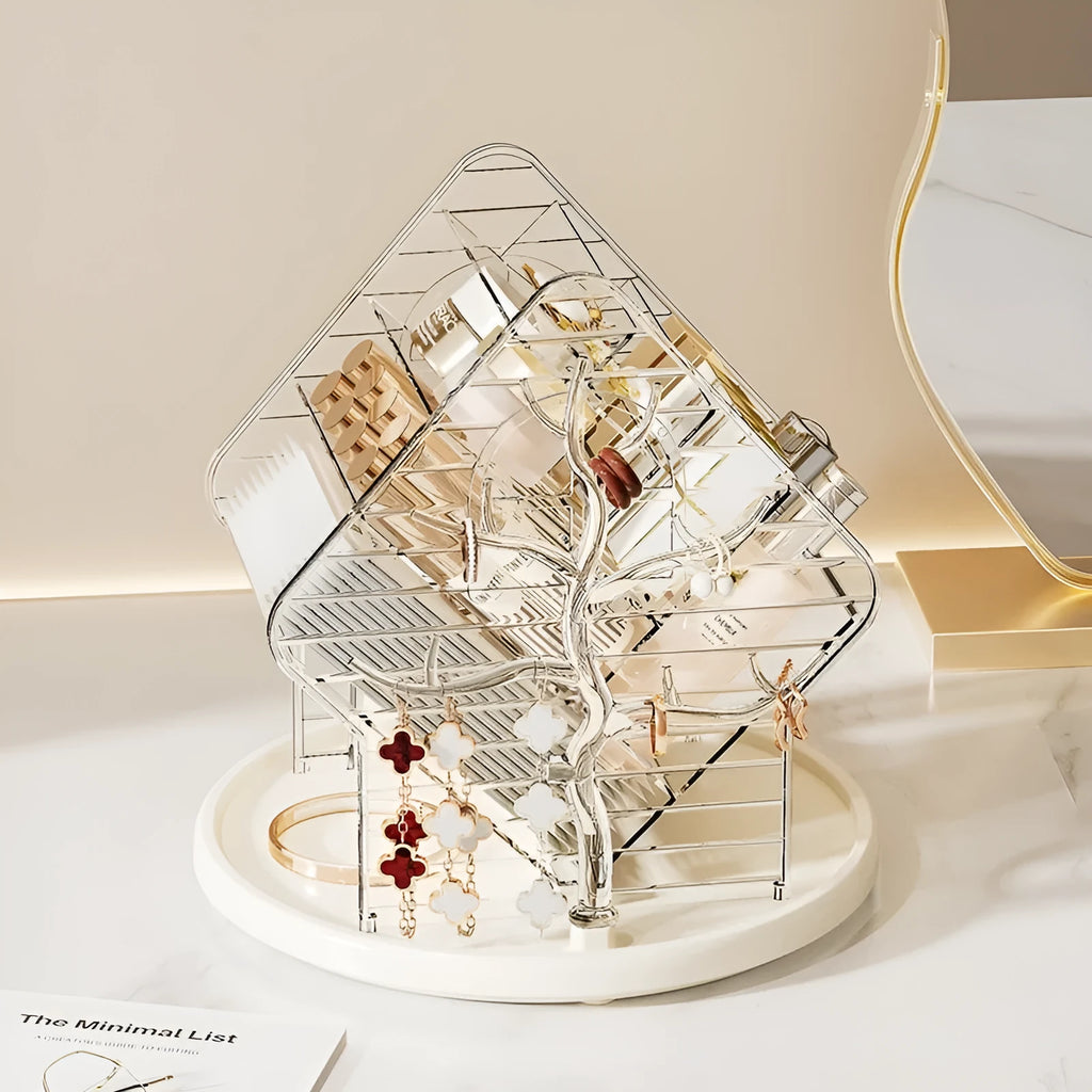 Clear and amber gold rotating plastic cosmetics storage box organiser with 360-degree spin base.