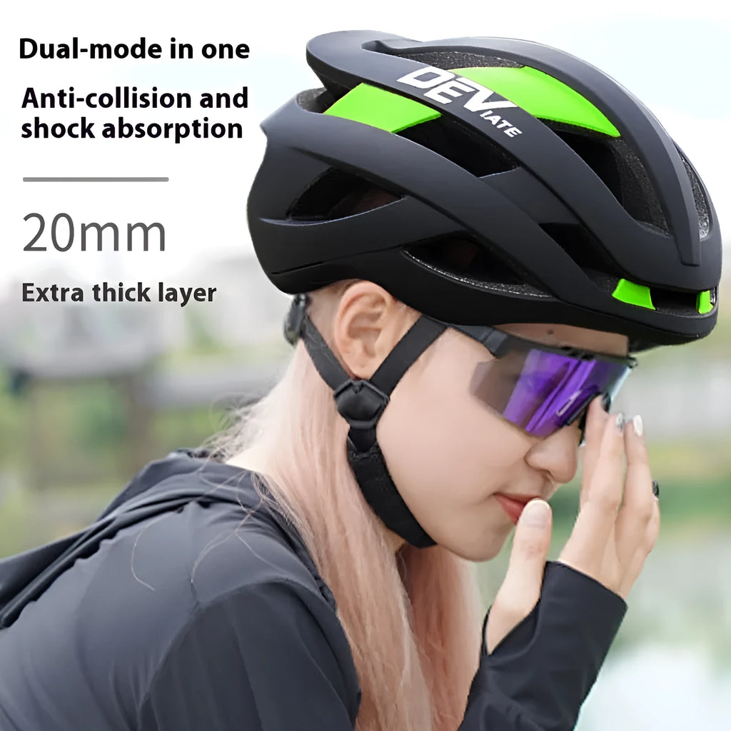 Unisex adult bicycle helmet in matte black and blue colour, with adjustable dial and EPS PC construction