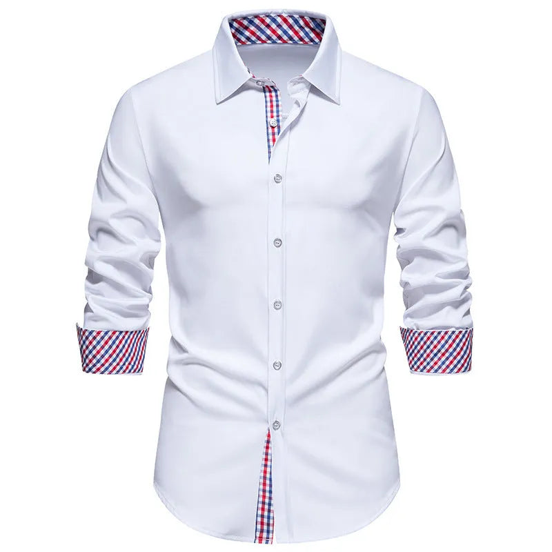 Men's casual loose plaid stitching long-sleeved shirt in white, size L, for leisure wear