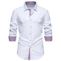 Men's casual loose plaid stitching long-sleeved shirt in white, size L, for leisure wear
