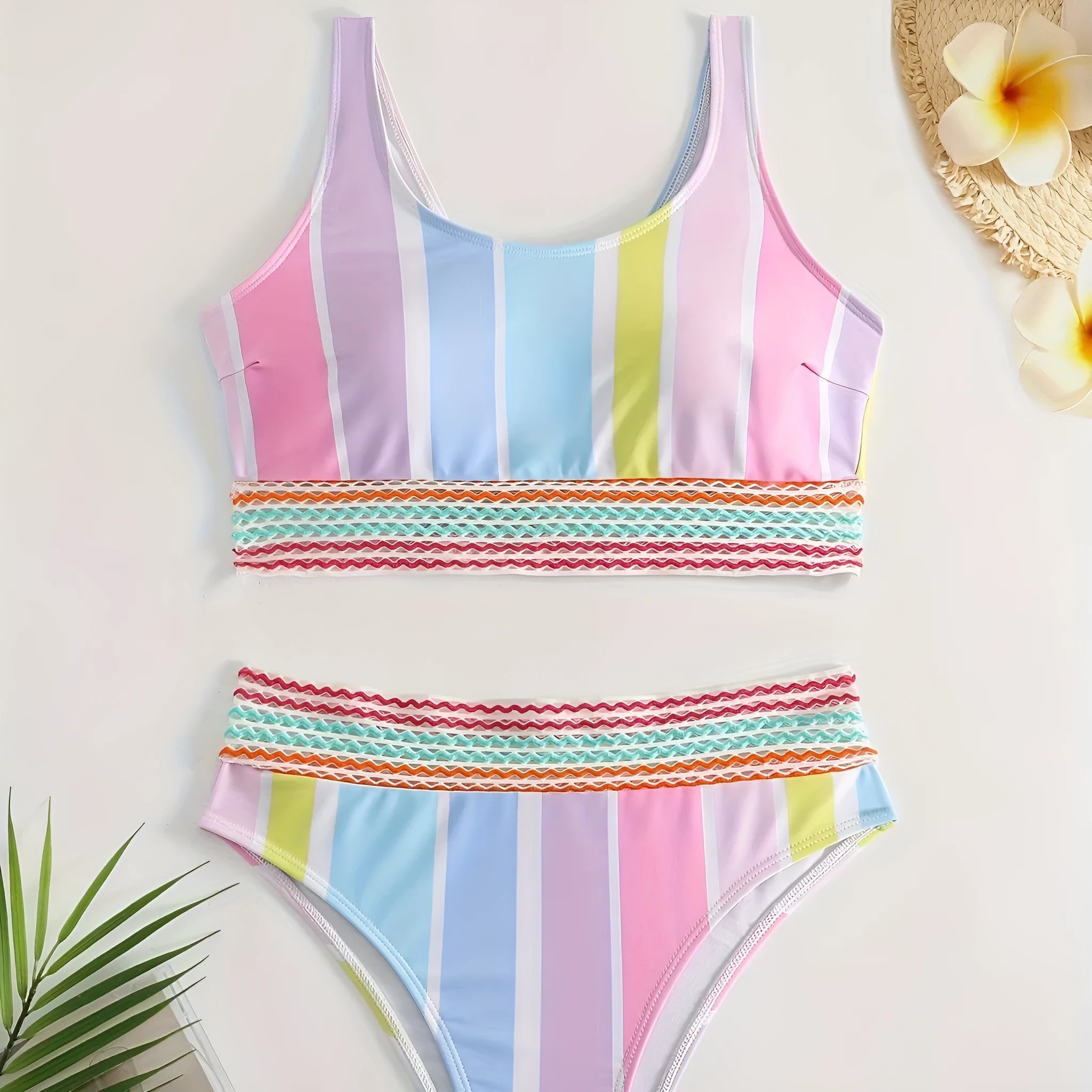 Women's striped bikini set with European style briefs in picture color