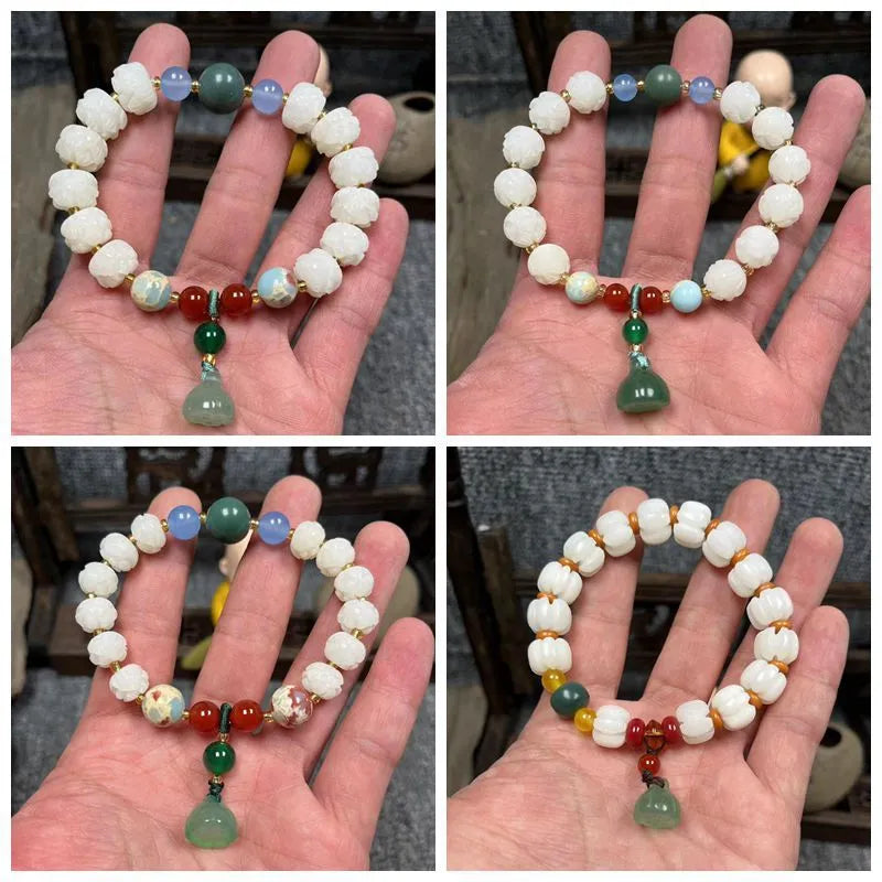 Bodhi root bracelet with carved lotus, pumpkin, and white jade beads in multiple sizes