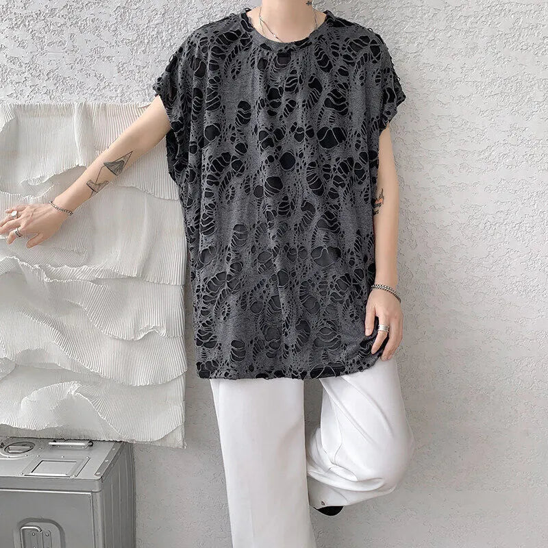 Black ripped beggar sleeveless wide shoulder vest for women, Japanese retro pullover style in polyester fibre, front view.