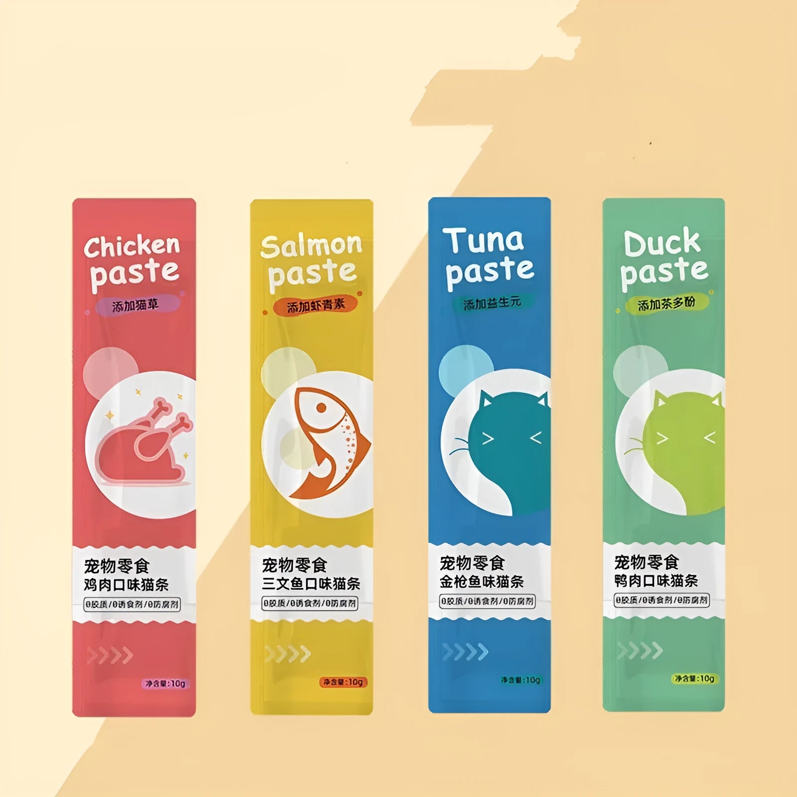 Pack of 10 cat strip snacks for kittens in four nutritional flavours