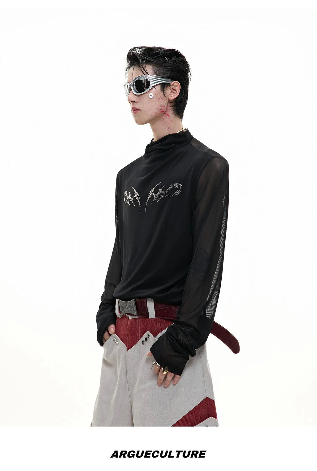 Niche Mesh slim fit long sleeve shirt in black or white, made from polyester and spandex fabric.