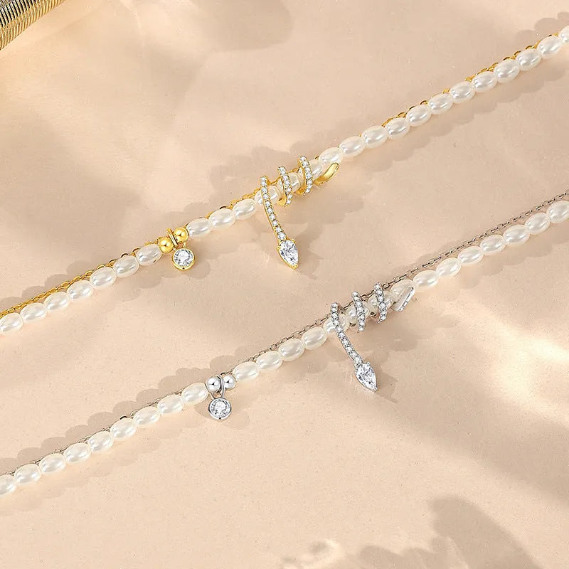 925 silver pearl snake zodiac bracelet in New Chinese style with electroplated gold or white gold finish