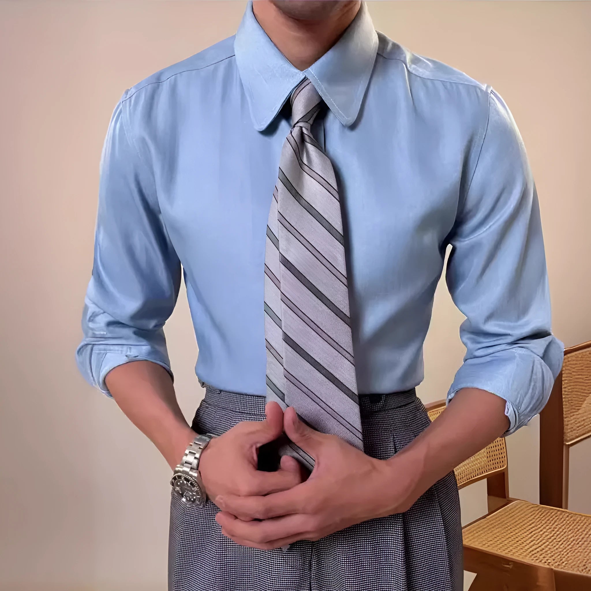 Men's slim fit long sleeve shirt in blue with round collar on hanger