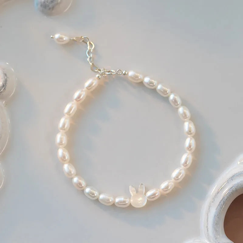 White shell rice-shaped bead pearl elastic rabbit bracelet handmade 925 silver 16cm Korean style women's jewellery
