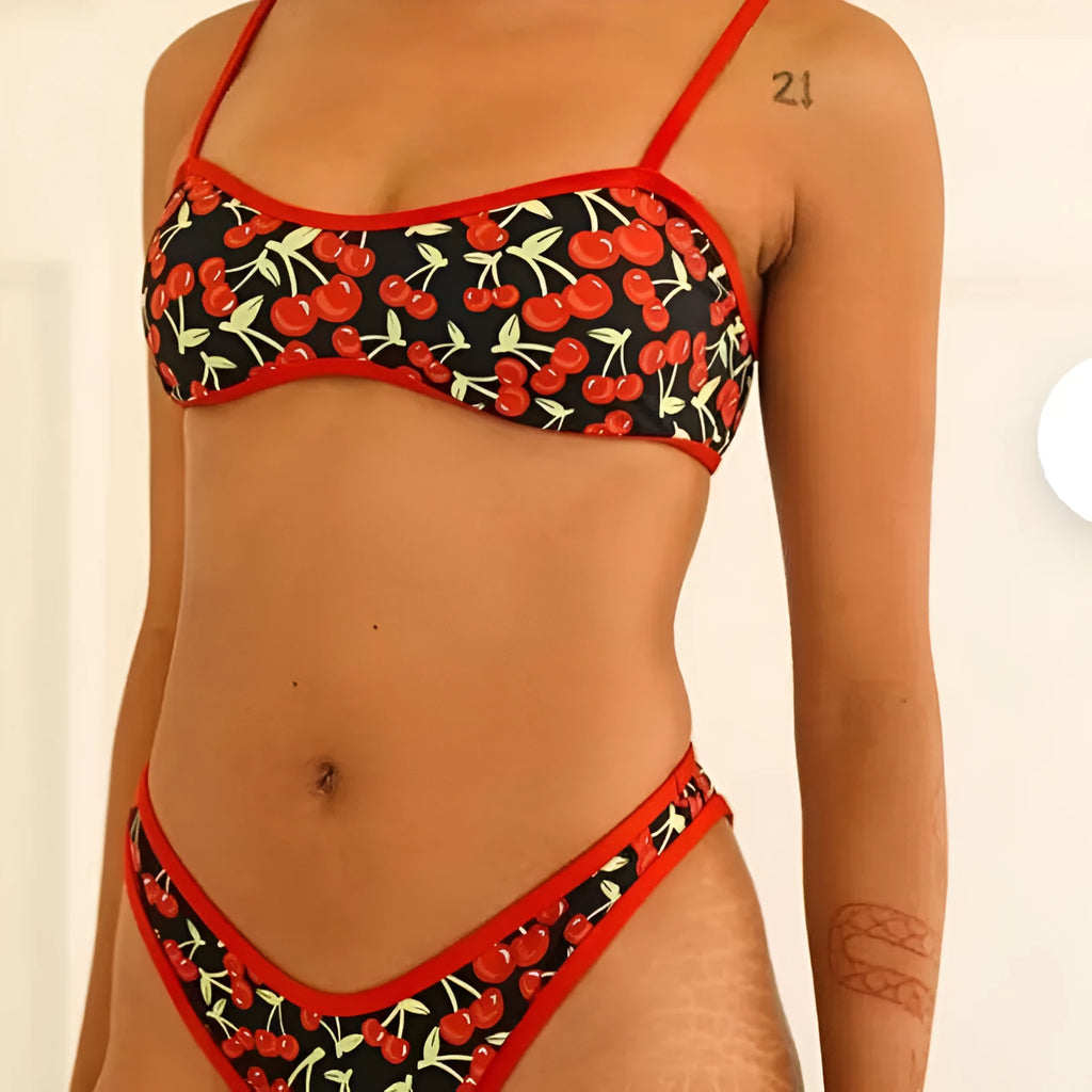 Women's cherry print tube top bikini swimsuit in polyester fiber with floral pattern, available in sizes S to XL