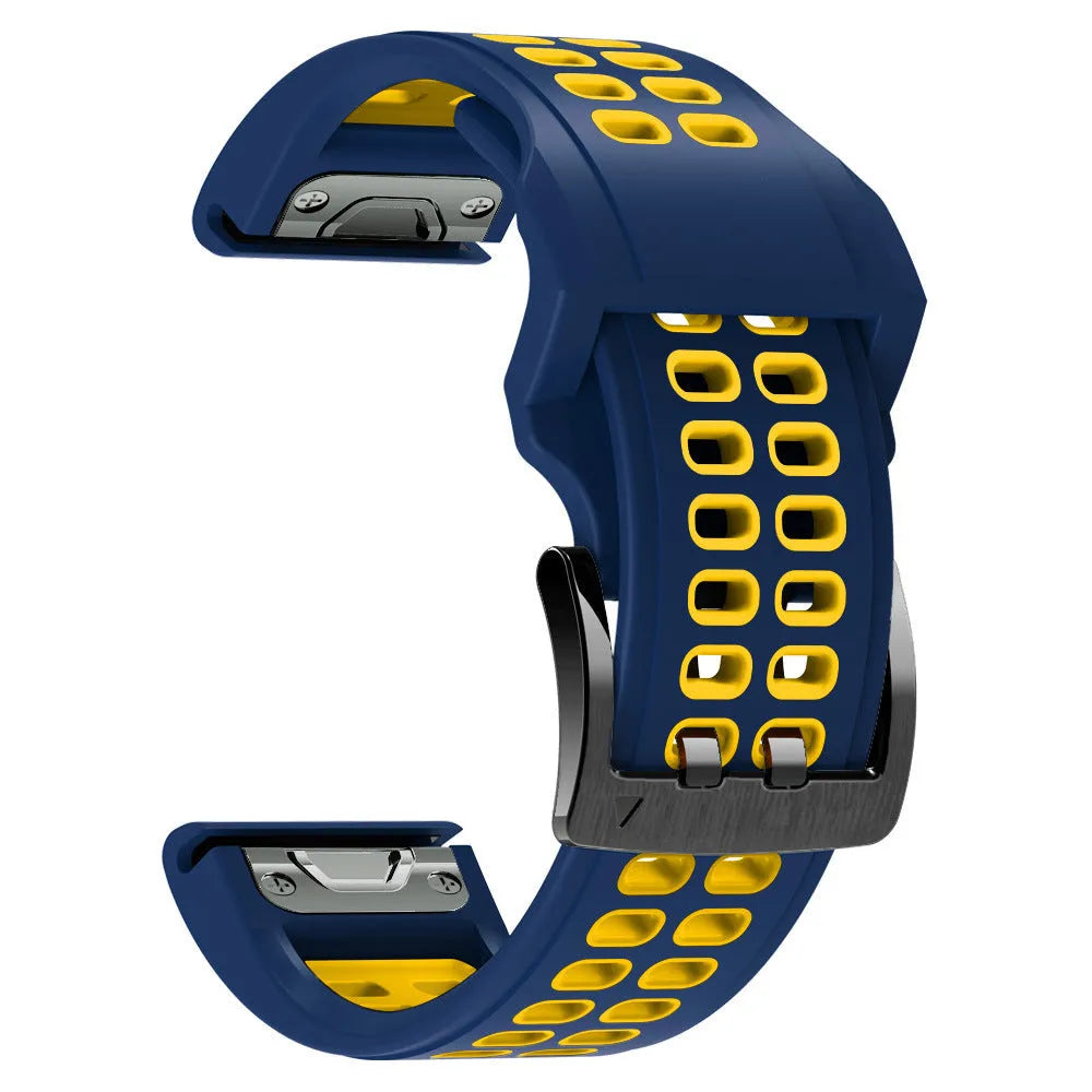 Quick release two-colour silicone watch strap with pin buckle, shown in multiple colour options.