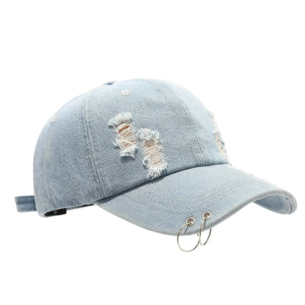 Men's cotton denim peaked cap in black with adjustable strap and dome crown for street style sunshade.