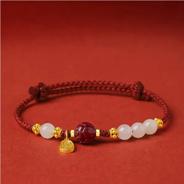 Women's Hetian jade cinnabar red rope bracelet with 925 silver charm and adjustable chain