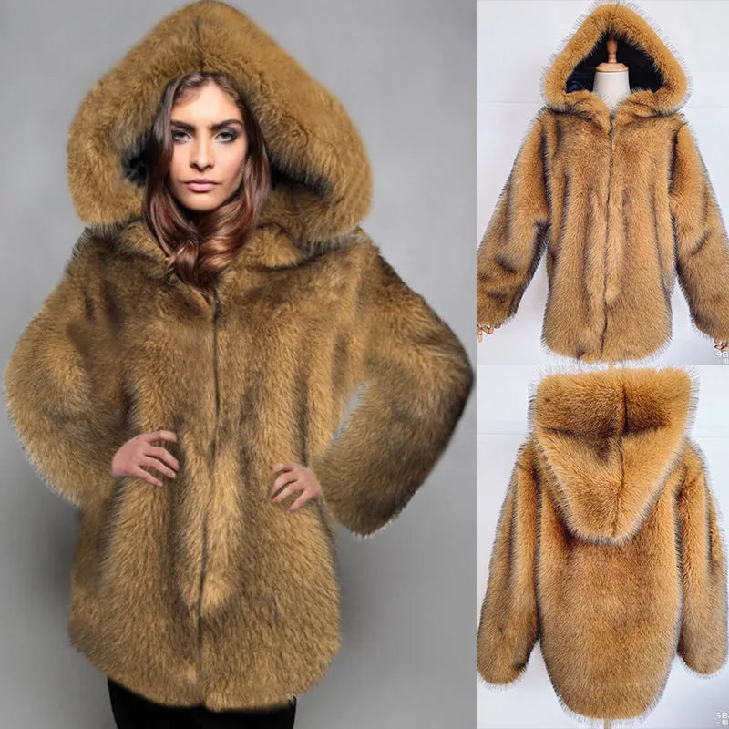 Women's silver grey artificial fur coat with regular sleeves and mid-length 65cm design