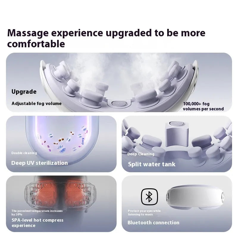 Purplish grey Bluetooth steam smart eye moisturising instrument showing control buttons and steam vents.