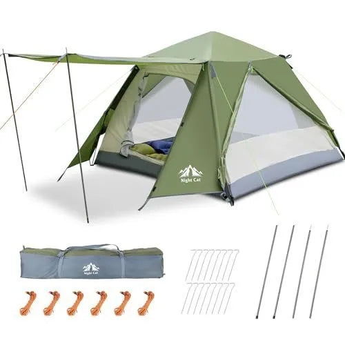 Dark green automatic pop-up two-person camping tent with dome shape shown set up in outdoor environment