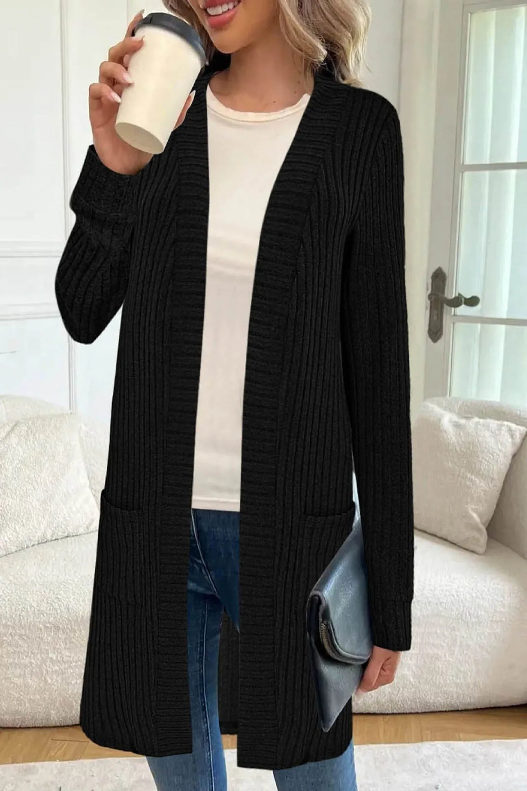 Long sleeve loose fit knitted cardigan jacket in black, wine red, or grey colour for sizes 1XL to 5XL