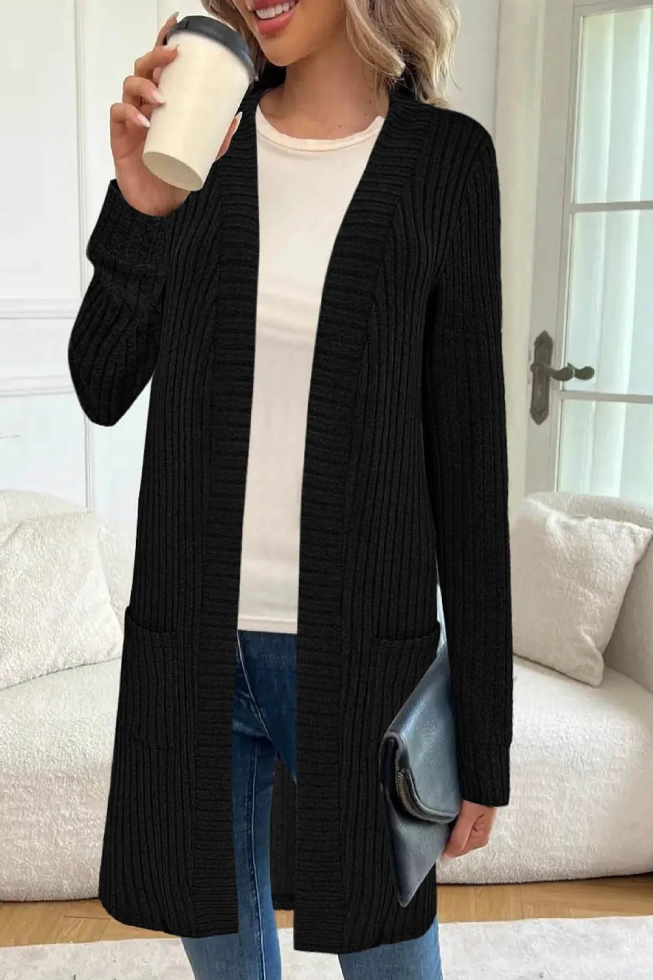 Long sleeve loose fit knitted cardigan jacket in black, wine red, or grey colour for sizes 1XL to 5XL