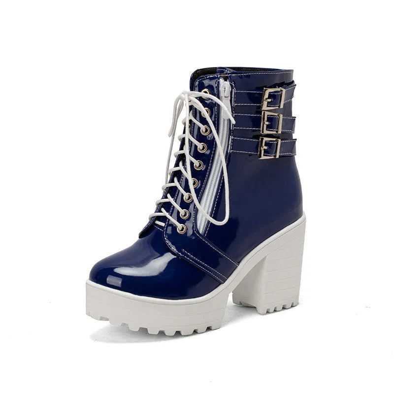 Women's casual short boots with thick heel and waterproof platform in solid colours like black and red