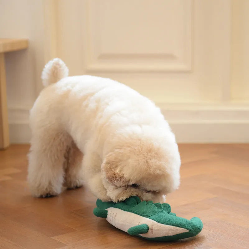 Green plush dog toy measuring 35cm by 18cm, lightweight soft pet plaything for small animals