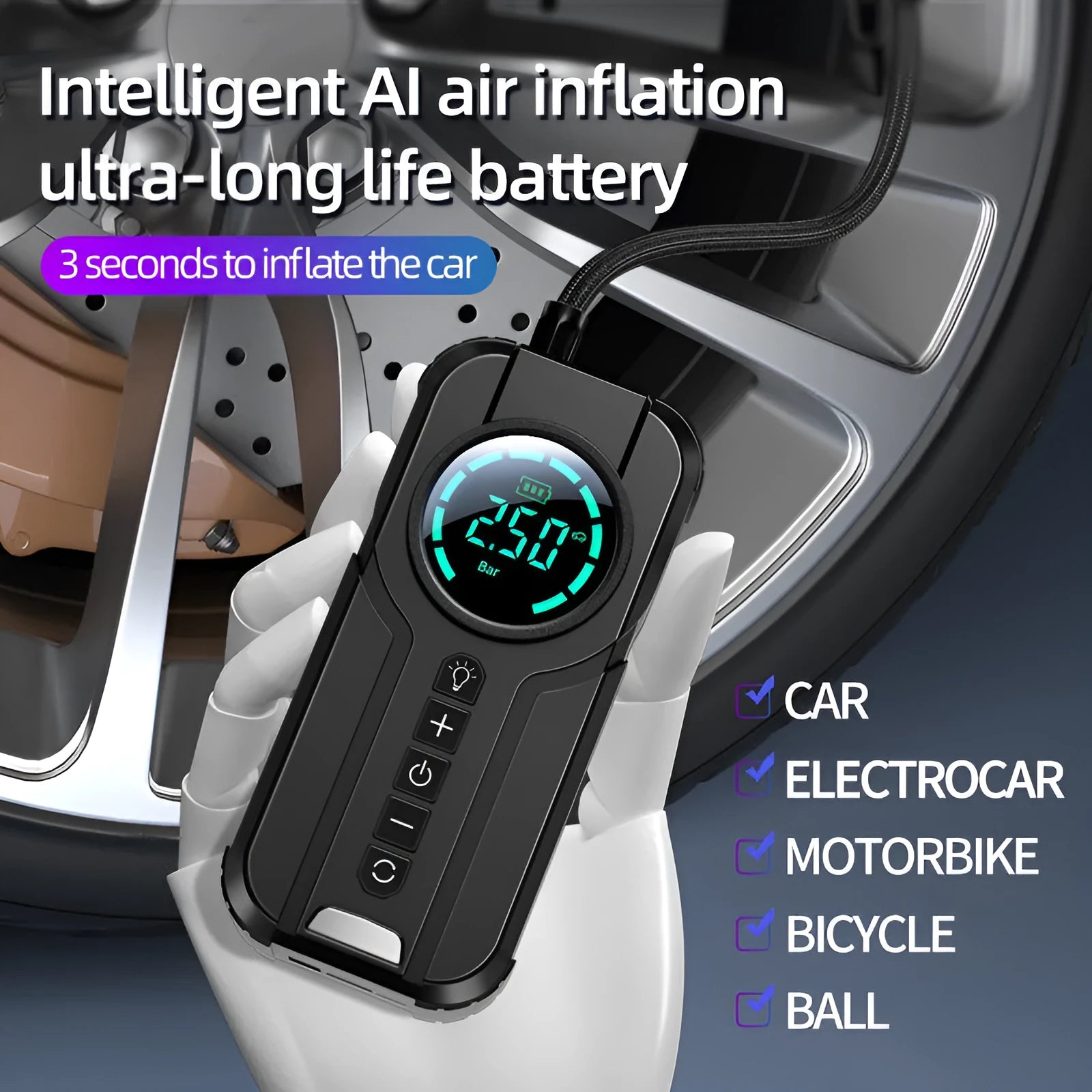 Portable wireless car air pump with battery, 12V cable, and nozzle kit on grey background