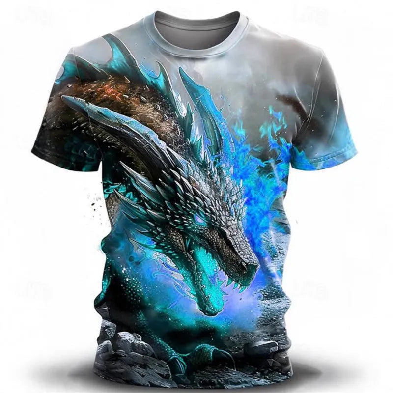 Man wearing a short-sleeve grey T-shirt with a large blue and white 3D wind dragon print on the chest.