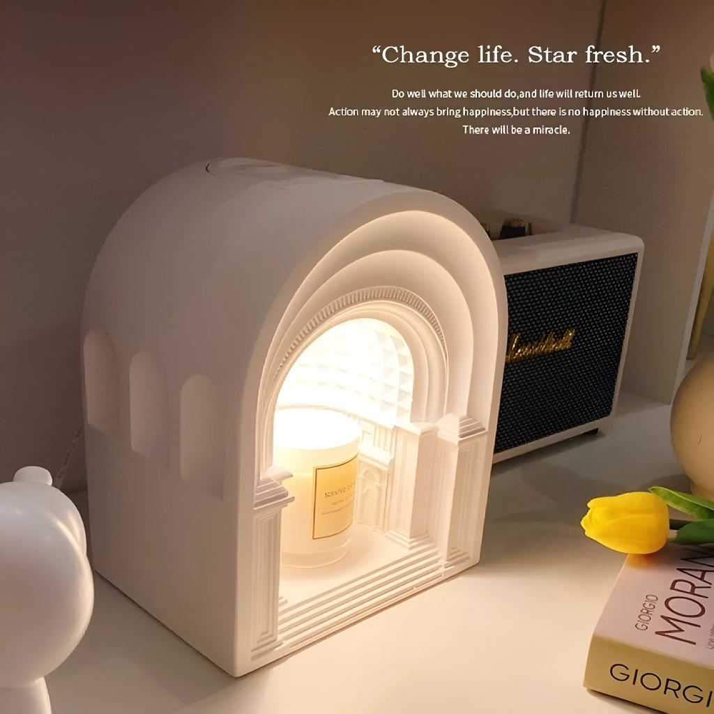Retro Nordic gypsum candle lamp in white with timing dimming function and aromatherapy candle on bedside table
