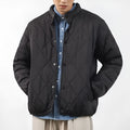 Men's black winter jacket with diamond lattice pattern, 100cm extended length, loose fit design