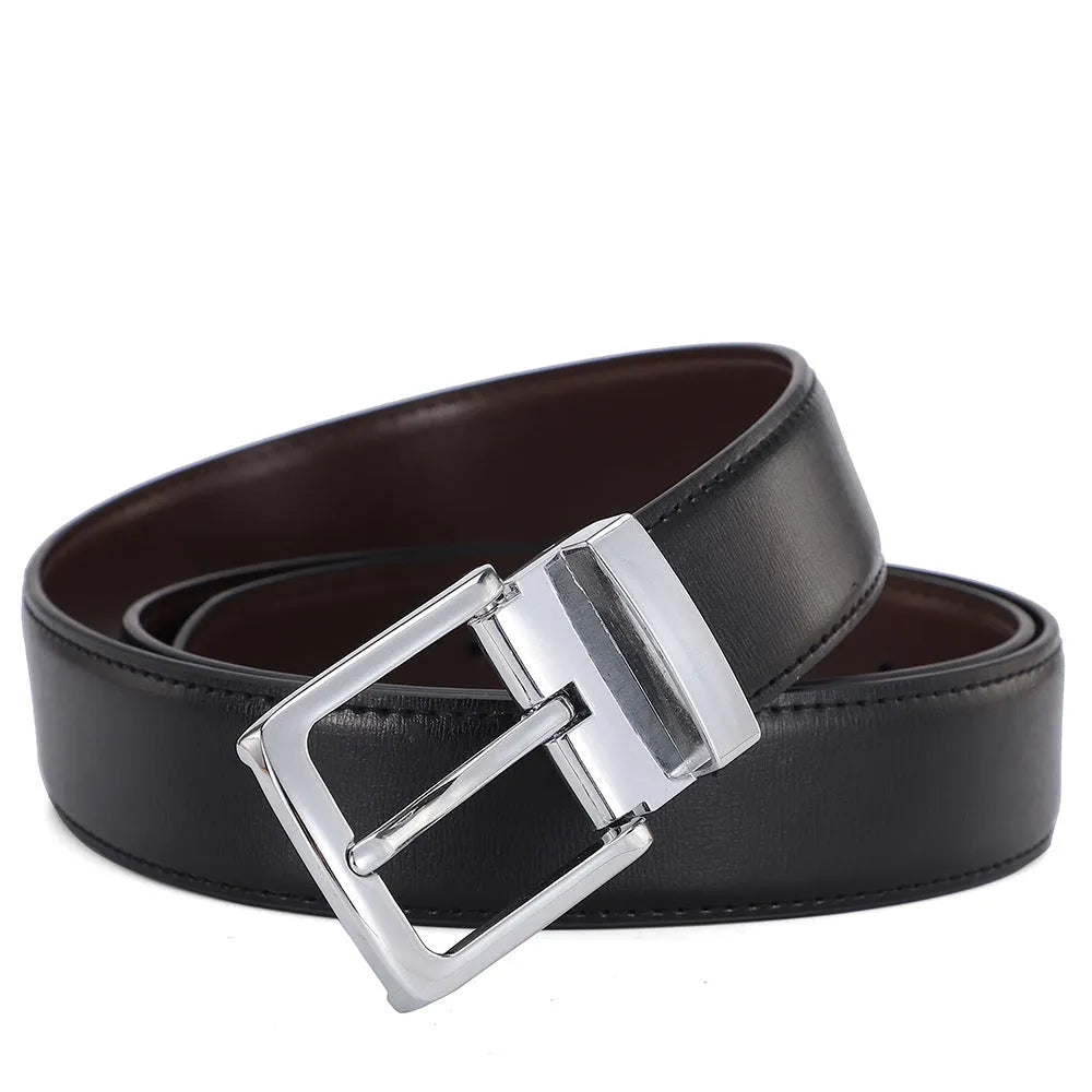 Men's genuine leather belt with alloy pin buckle and embossed water drop pattern on a flat surface