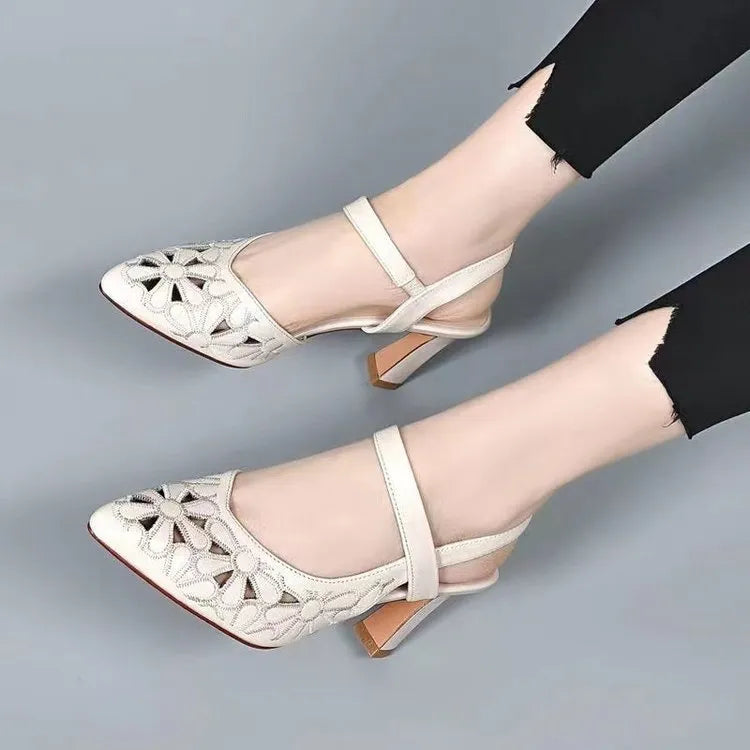 Fashion pointed toe sandals in beige with back empty design and hollowed toe box high heels