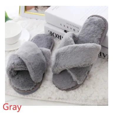 Women's winter home slippers with faux fur upper, plush lining, flat heel, black colour